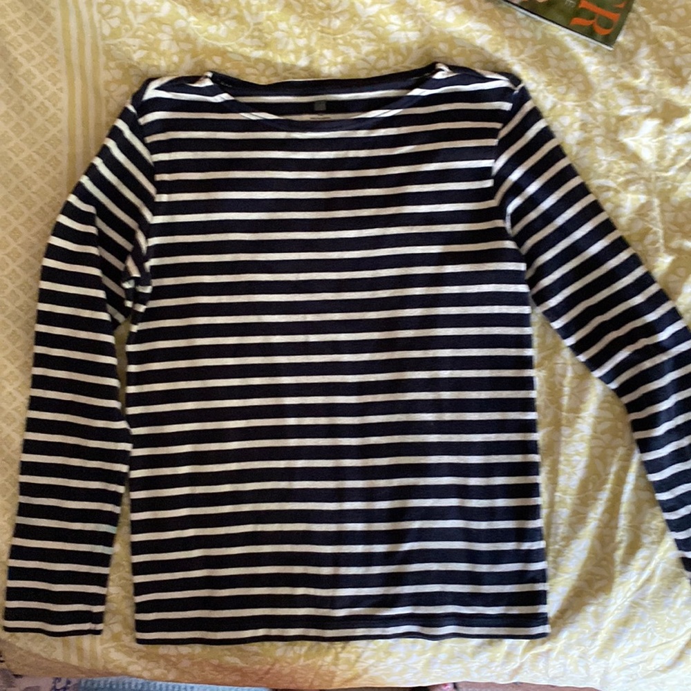 UNIQLO unisex kids Breton striped heavyweight cotton shirt size 150cm/12. EUC